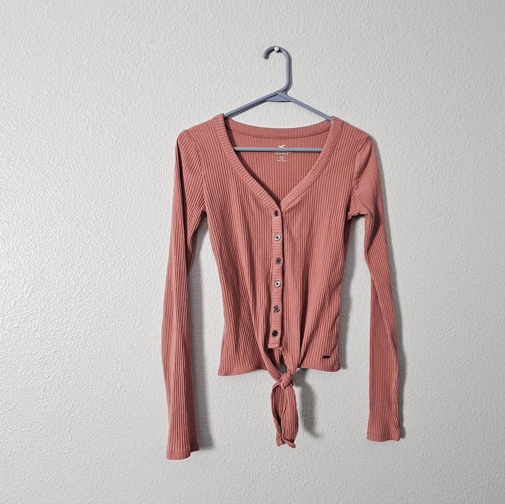 Hollister Ribbed Tie-Front Button Cardigan - Dusty Rose Sz S